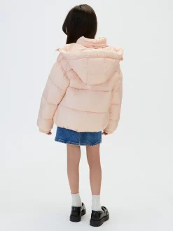 Pufferjas met capuchon en logo voor kinderen
