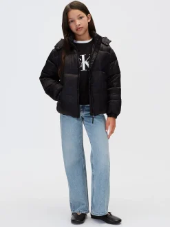Pufferjas met capuchon en logo voor kinderen