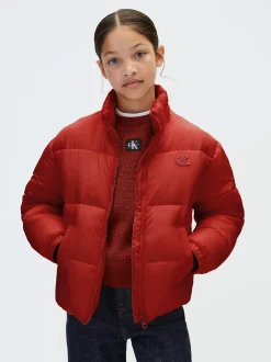 Pufferjas met capuchon en logo voor kinderen