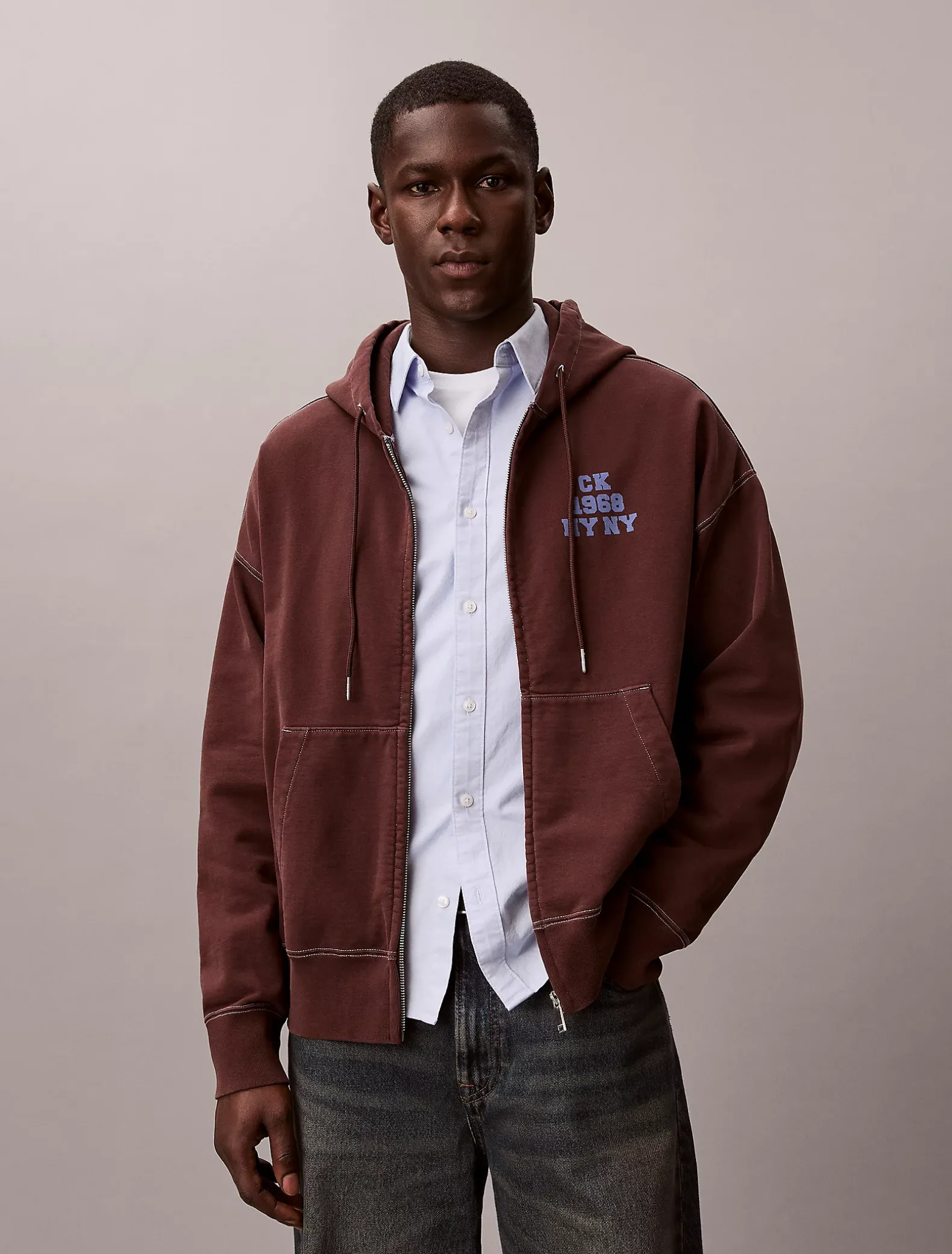 Relaxed hoodie van gewassen fleece met grafisch logo