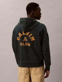 Relaxed hoodie van gewassen fleece met grafisch logo