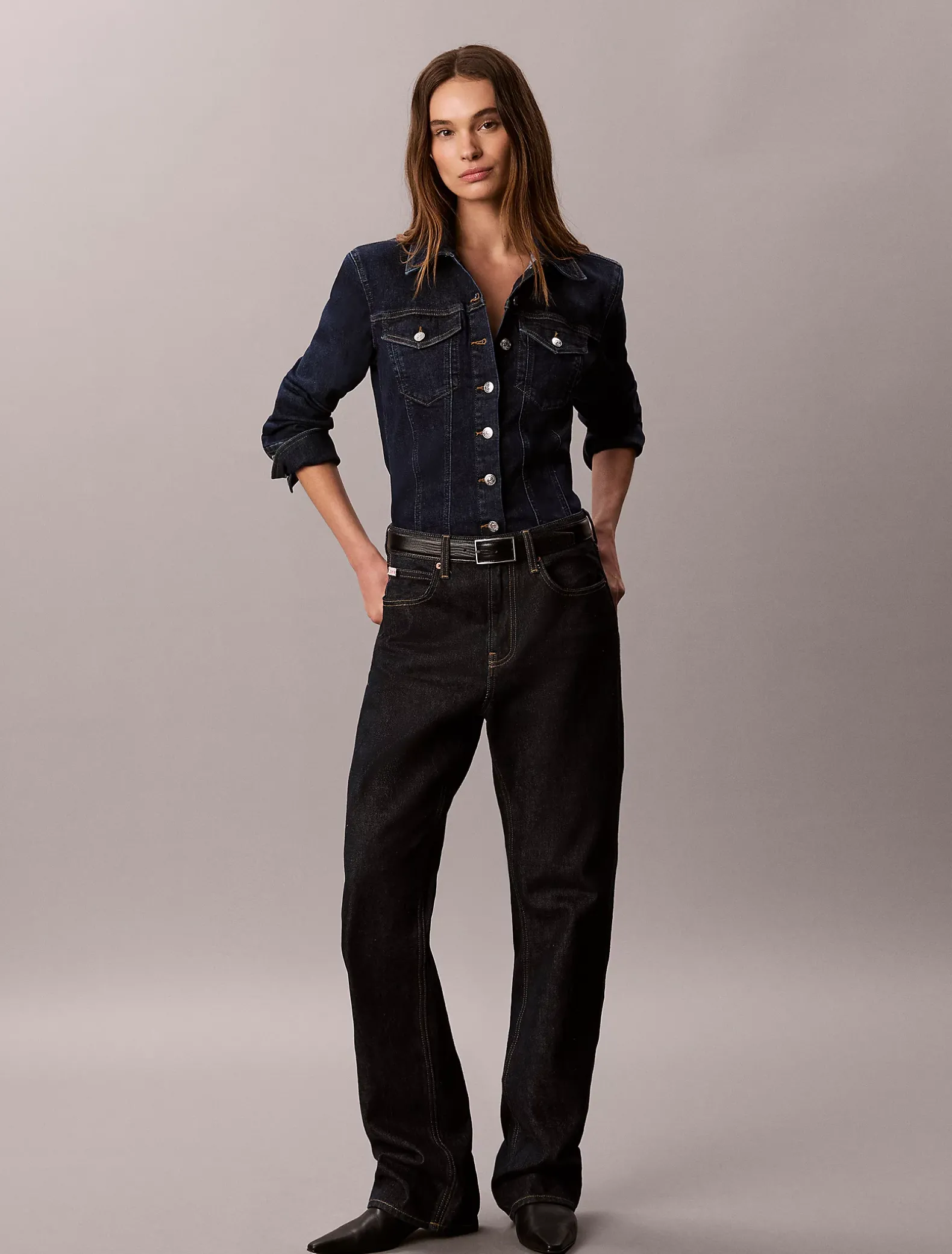 Sculpted denim button-down trucker overhemd