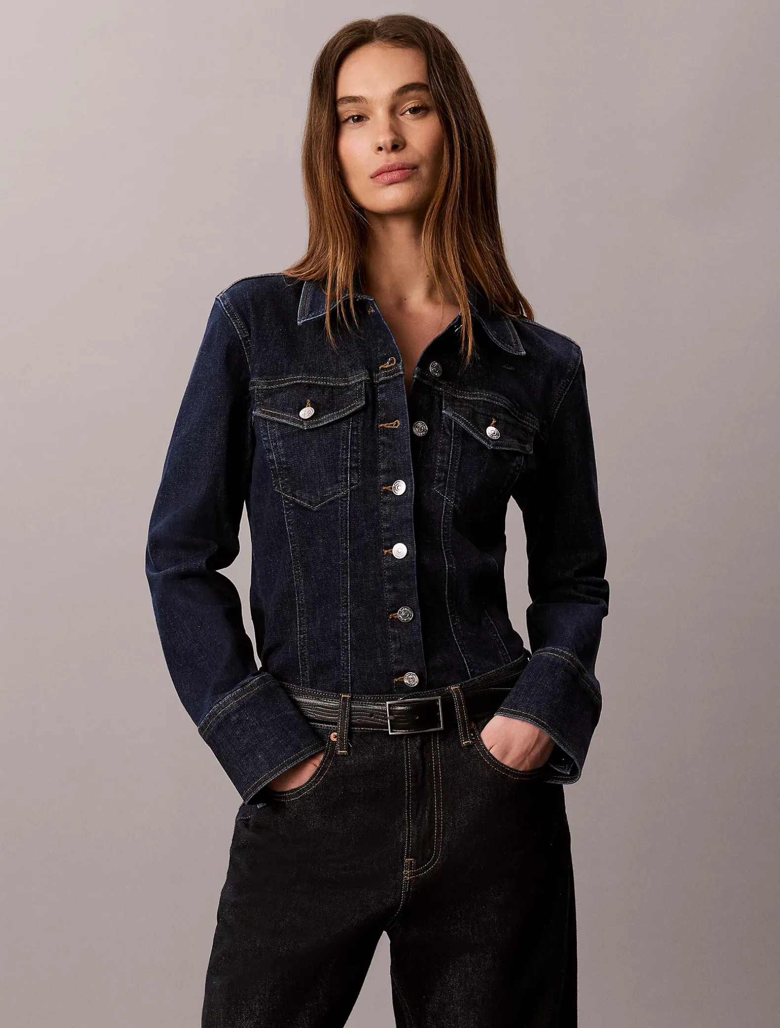 Sculpted denim button-down trucker overhemd