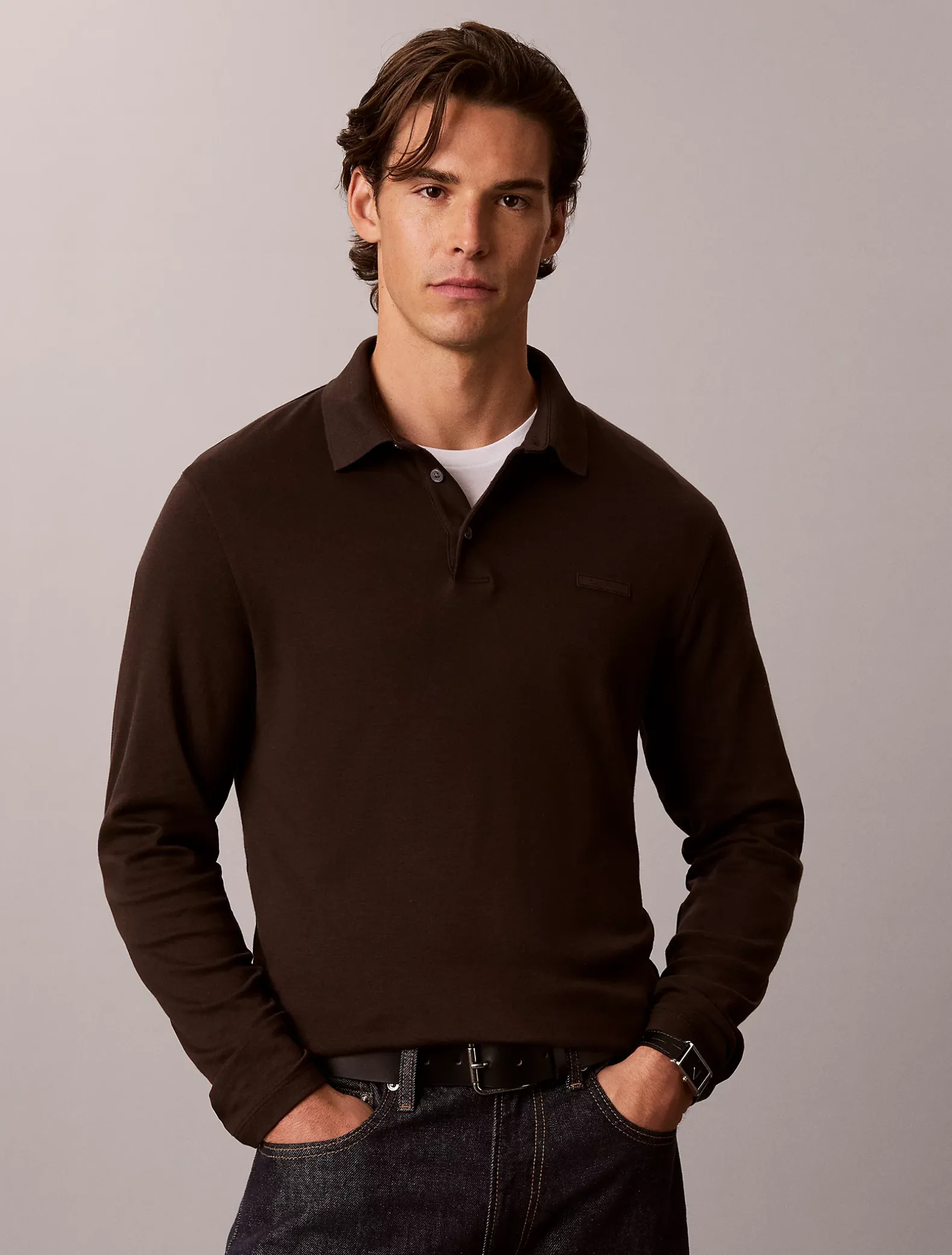 Slim katoenen polo met lange mouwen