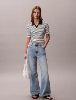 Smal geribbeld gestreept poloshirt