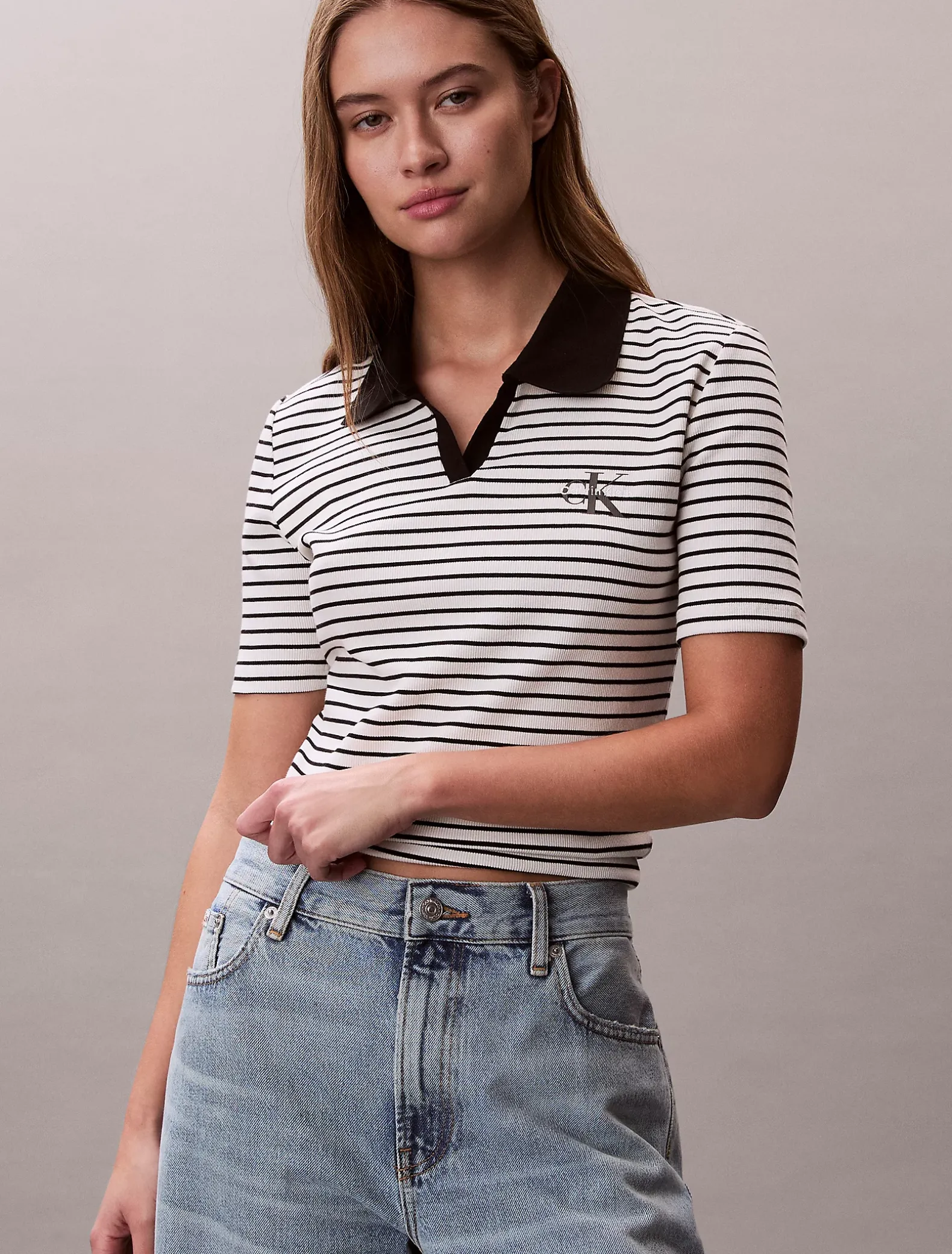 Smal geribbeld gestreept poloshirt
