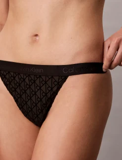String met hoge beenuitsnijding - Minimalist Emblem Flocked Mesh