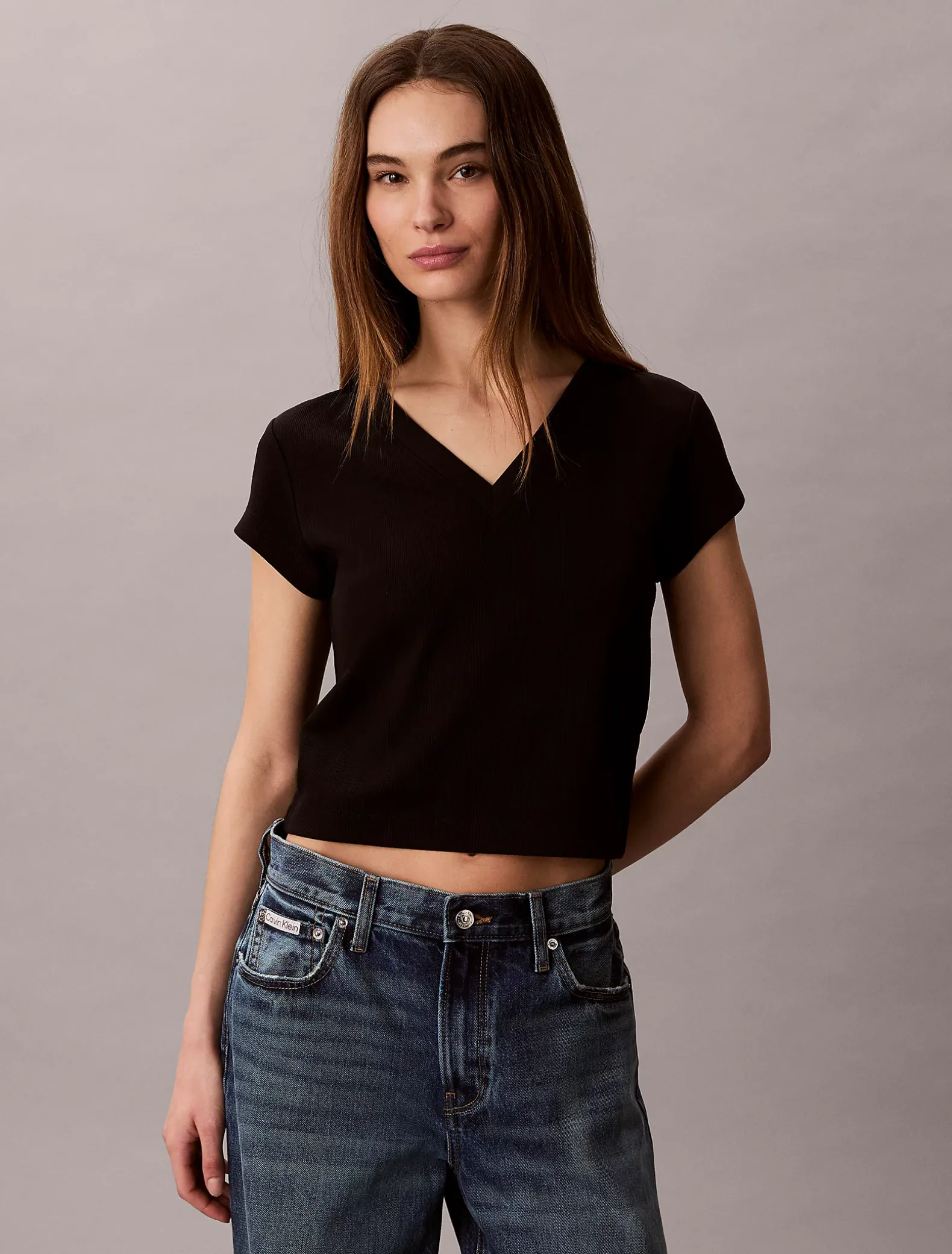 T-shirt met V-hals van ribkatoen