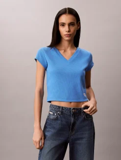 T-shirt met V-hals van ribkatoen