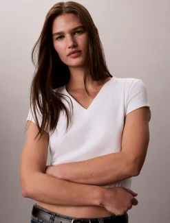 T-shirt met V-hals van ribkatoen